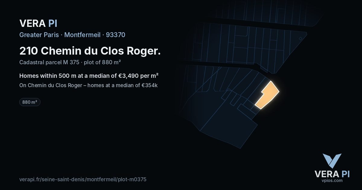 210 Chemin du Clos Roger, Montfermeil at night – the plot lit, the parcels around coloured by the prices near them