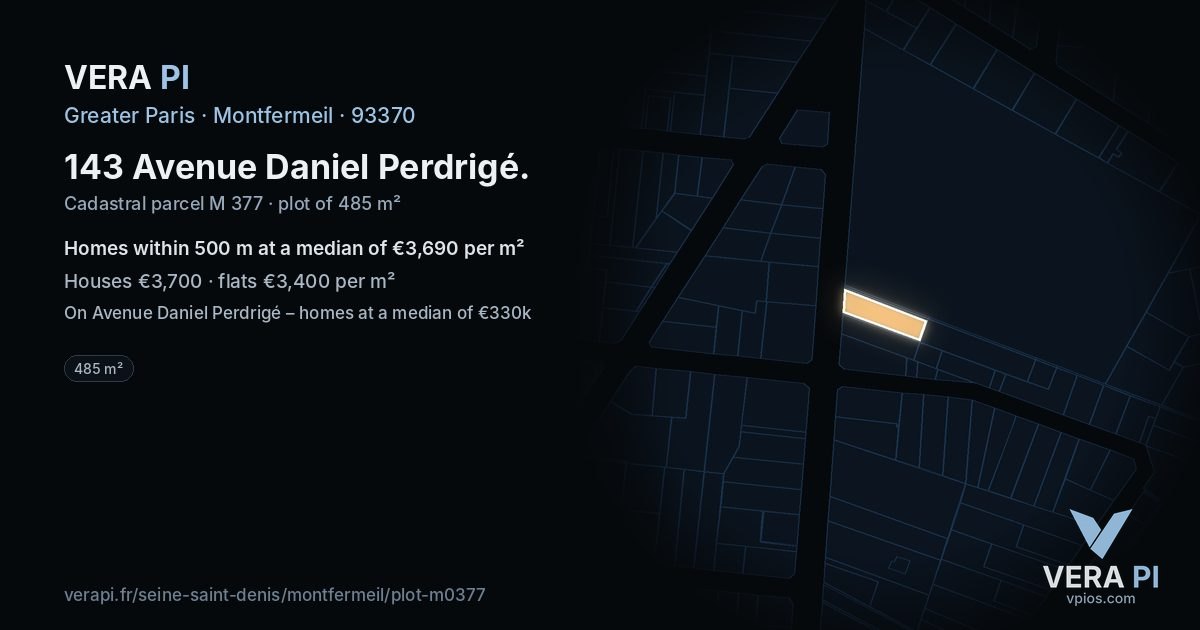 143 Avenue Daniel Perdrigé, Montfermeil at night – the plot lit, the parcels around coloured by the prices near them