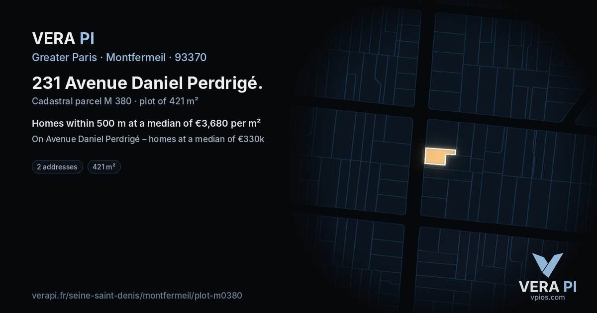 231 Avenue Daniel Perdrigé, Montfermeil at night – the plot lit, the parcels around coloured by the prices near them