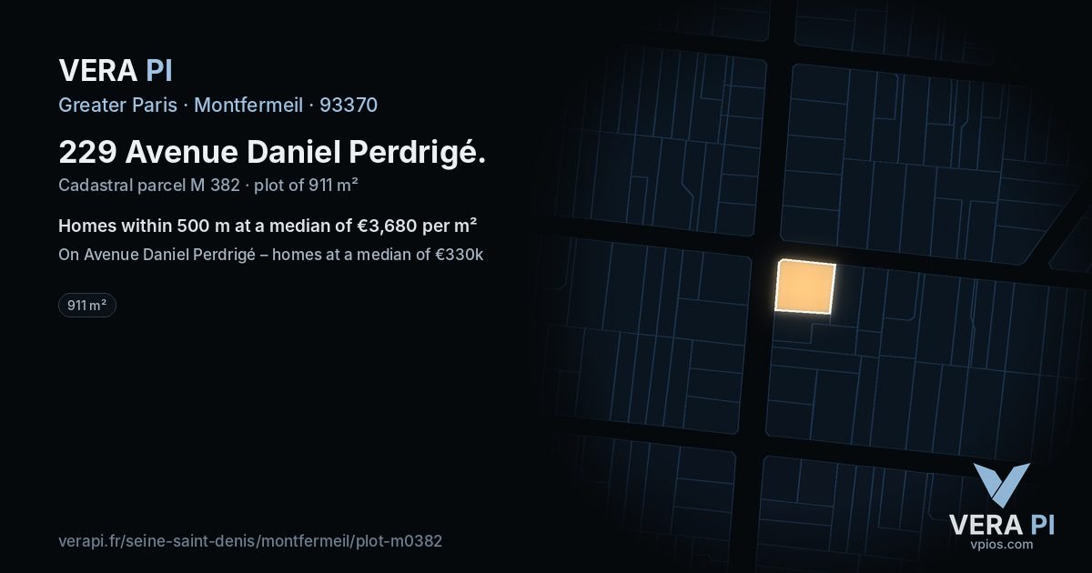 229 Avenue Daniel Perdrigé, Montfermeil at night – the plot lit, the parcels around coloured by the prices near them
