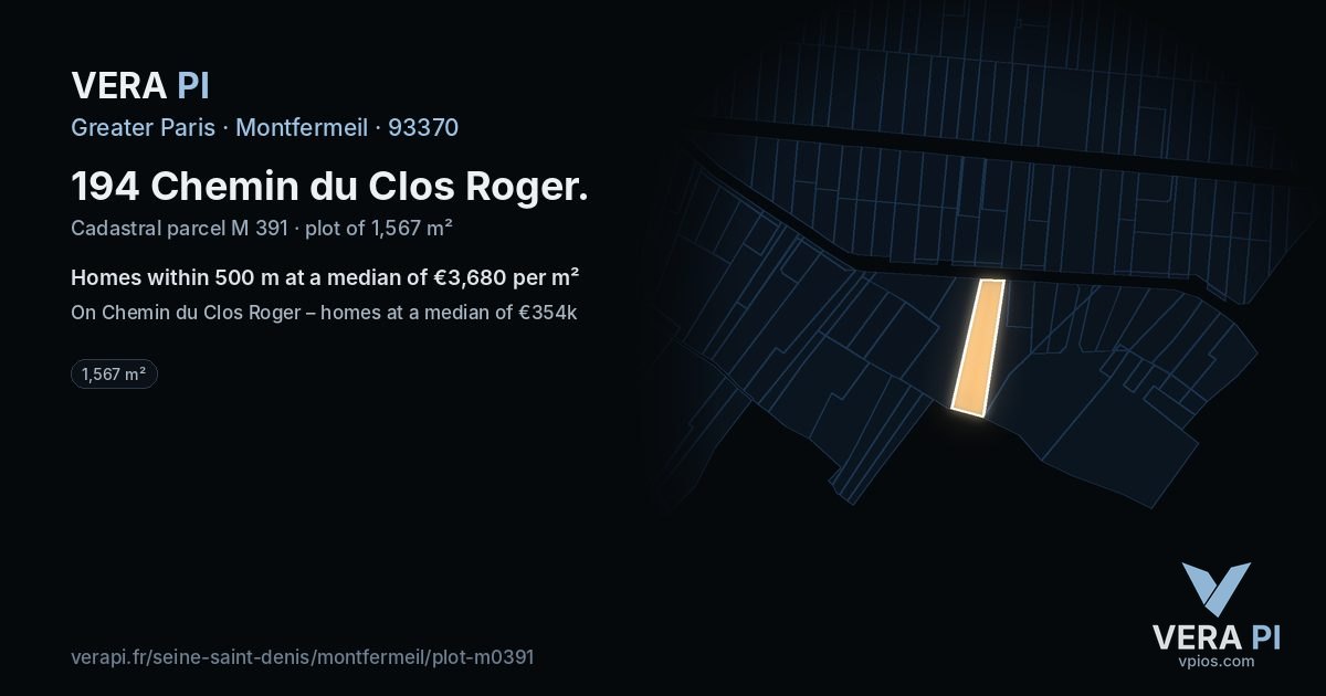 194 Chemin du Clos Roger, Montfermeil at night – the plot lit, the parcels around coloured by the prices near them