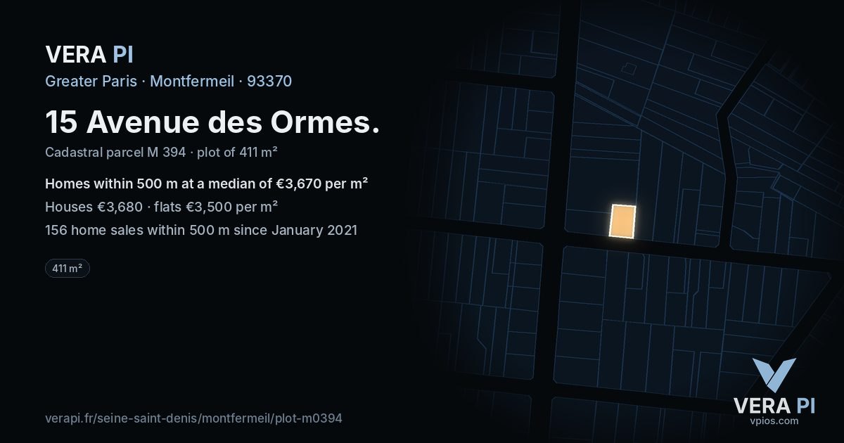15 Avenue des Ormes, Montfermeil at night – the plot lit, the parcels around coloured by the prices near them