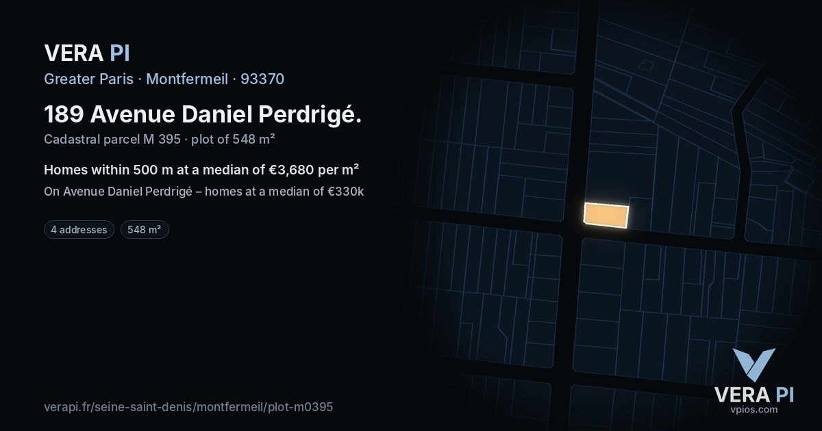 189 Avenue Daniel Perdrigé, Montfermeil at night – the plot lit, the parcels around coloured by the prices near them