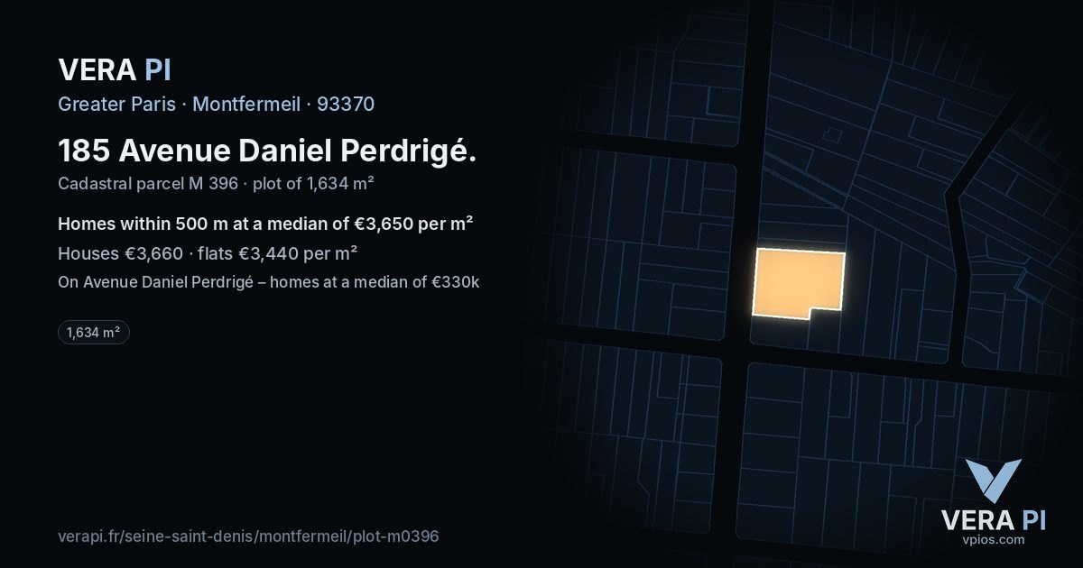 185 Avenue Daniel Perdrigé, Montfermeil at night – the plot lit, the parcels around coloured by the prices near them