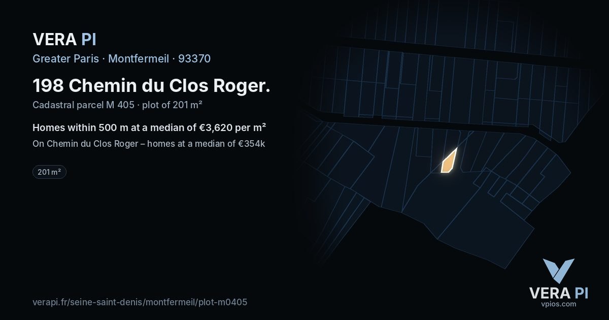 198 Chemin du Clos Roger, Montfermeil at night – the plot lit, the parcels around coloured by the prices near them