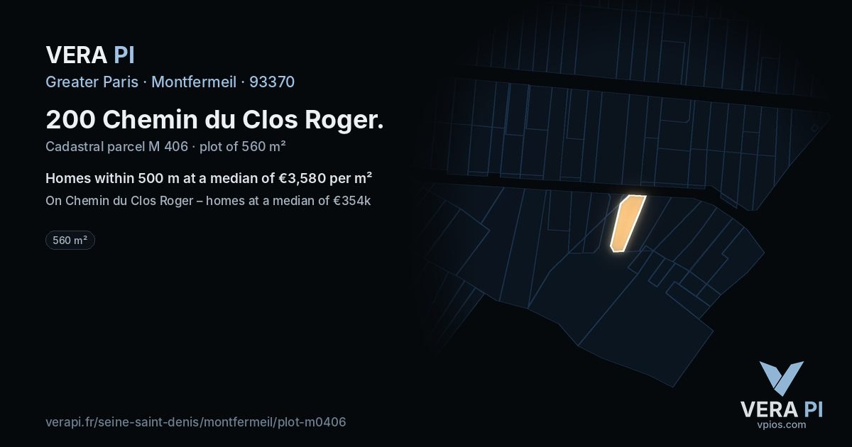 200 Chemin du Clos Roger, Montfermeil at night – the plot lit, the parcels around coloured by the prices near them