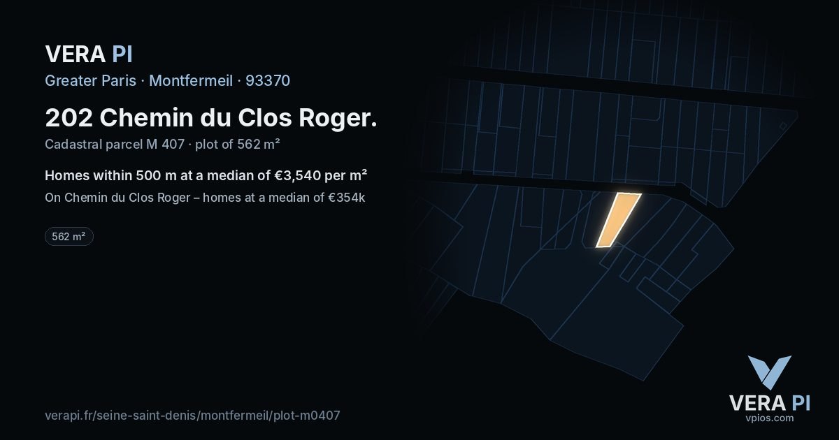 202 Chemin du Clos Roger, Montfermeil at night – the plot lit, the parcels around coloured by the prices near them