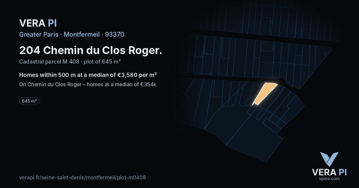 204 Chemin du Clos Roger, Montfermeil at night – the plot lit, the parcels around coloured by the prices near them