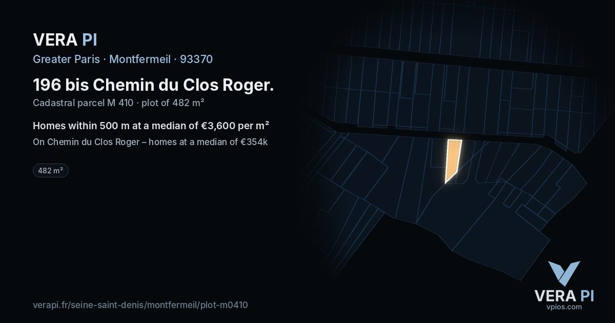196 bis Chemin du Clos Roger, Montfermeil at night – the plot lit, the parcels around coloured by the prices near them