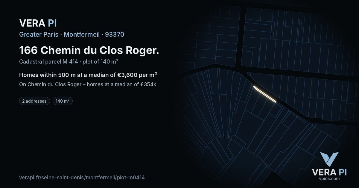 166 Chemin du Clos Roger, Montfermeil at night – the plot lit, the parcels around coloured by the prices near them