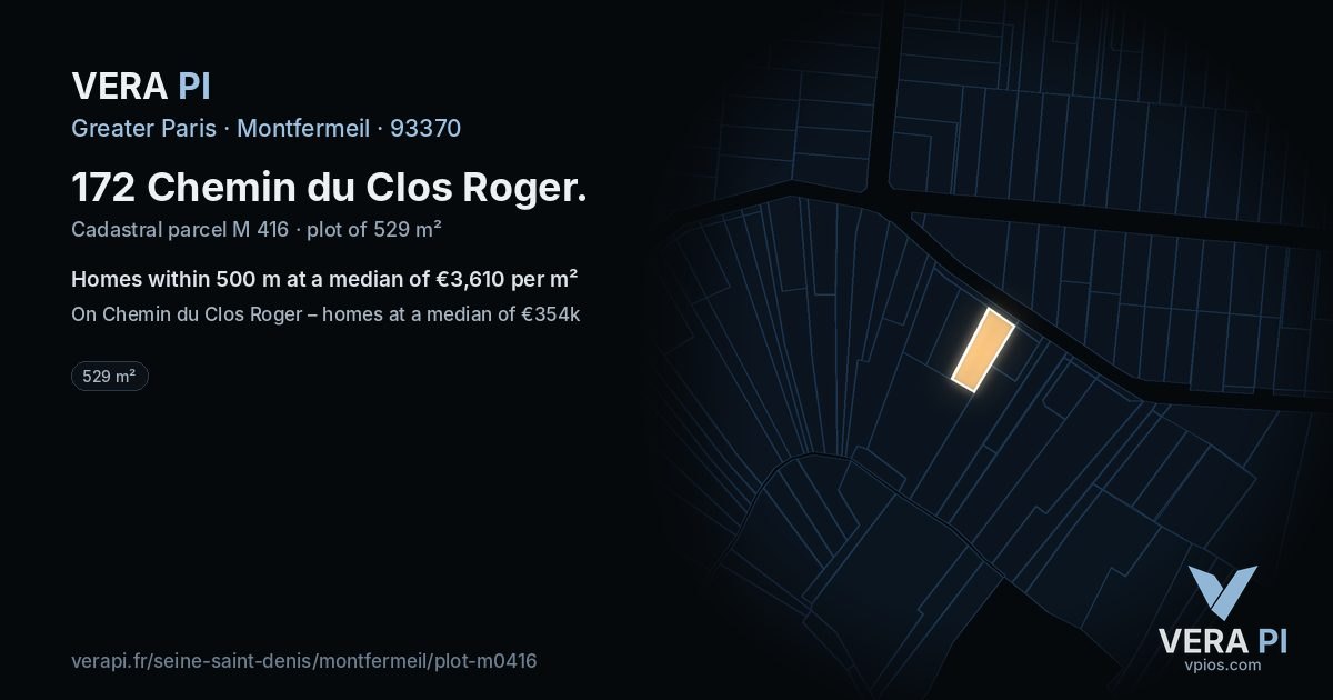 172 Chemin du Clos Roger, Montfermeil at night – the plot lit, the parcels around coloured by the prices near them