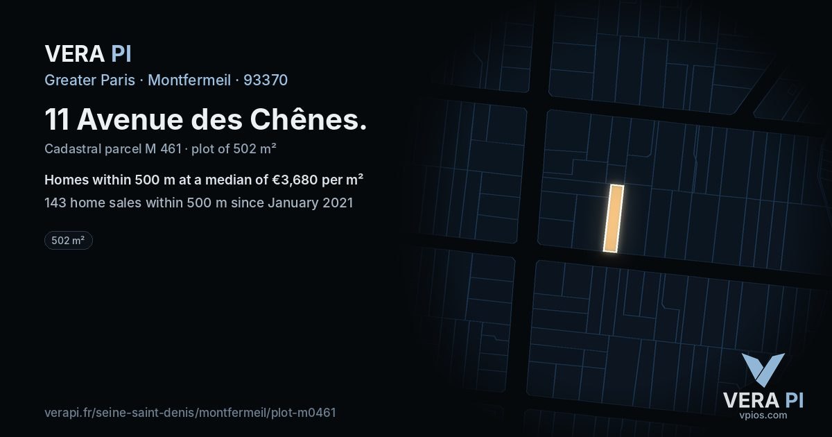 11 Avenue des Chênes, Montfermeil at night – the plot lit, the parcels around coloured by the prices near them