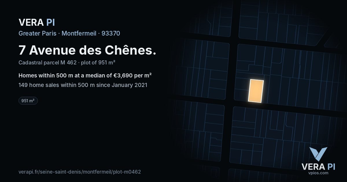 7 Avenue des Chênes, Montfermeil at night – the plot lit, the parcels around coloured by the prices near them