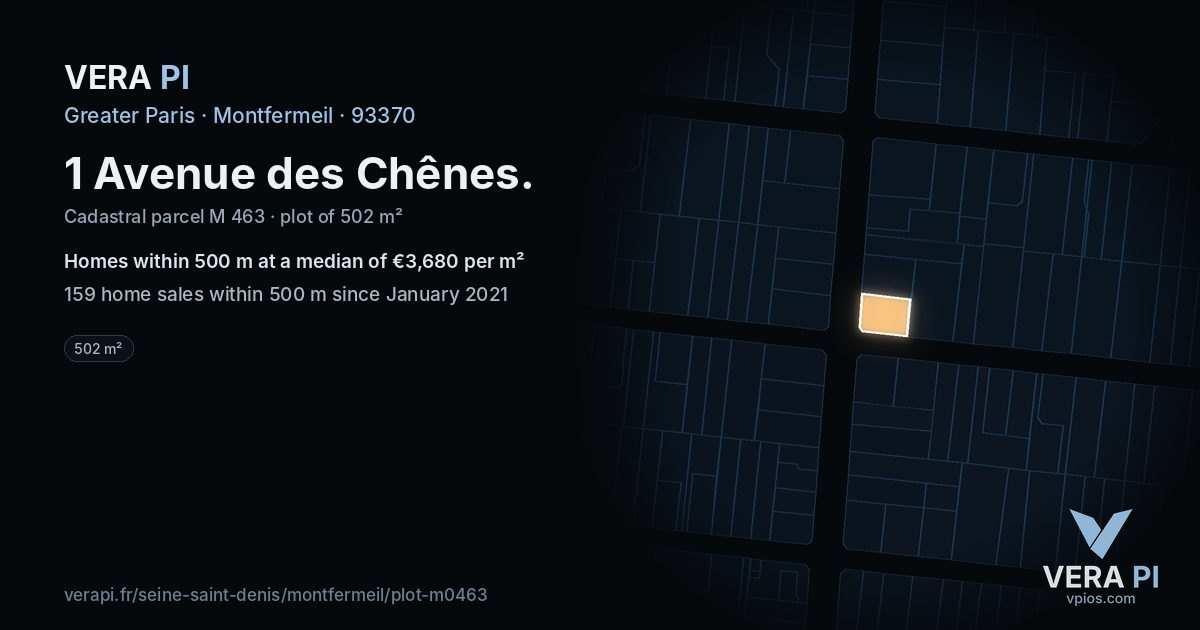 1 Avenue des Chênes, Montfermeil at night – the plot lit, the parcels around coloured by the prices near them