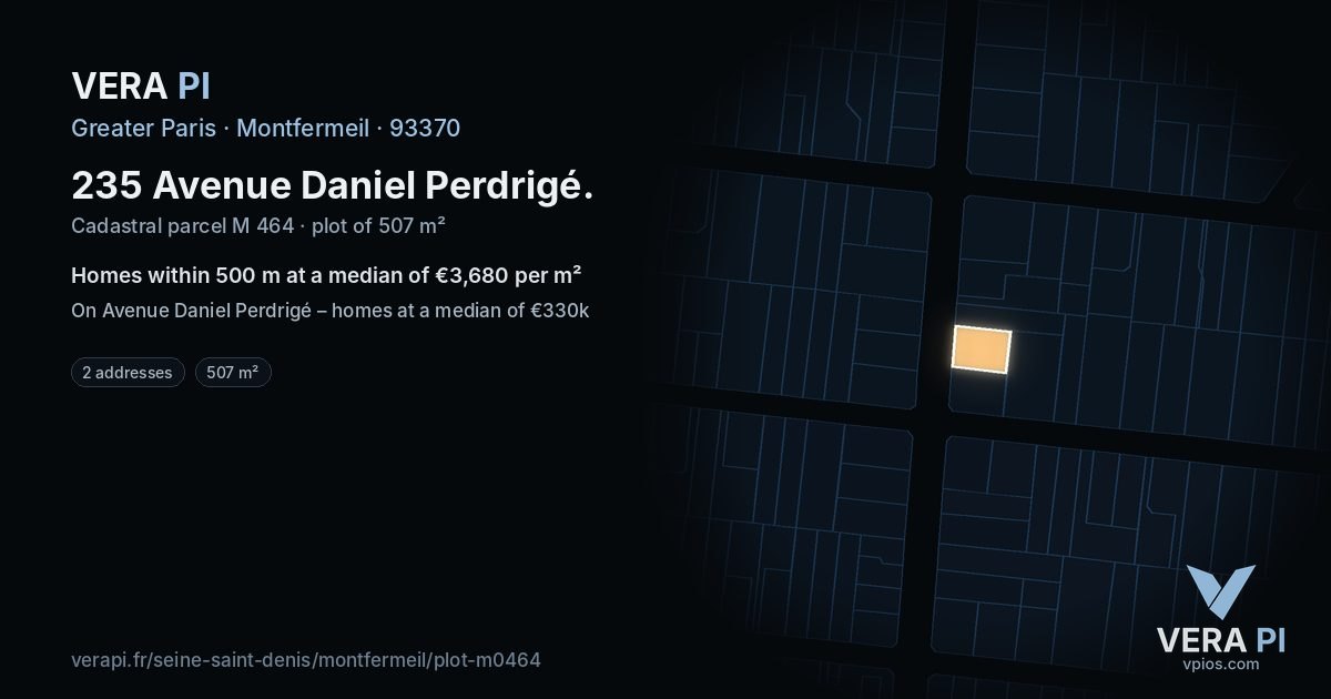 235 Avenue Daniel Perdrigé, Montfermeil at night – the plot lit, the parcels around coloured by the prices near them