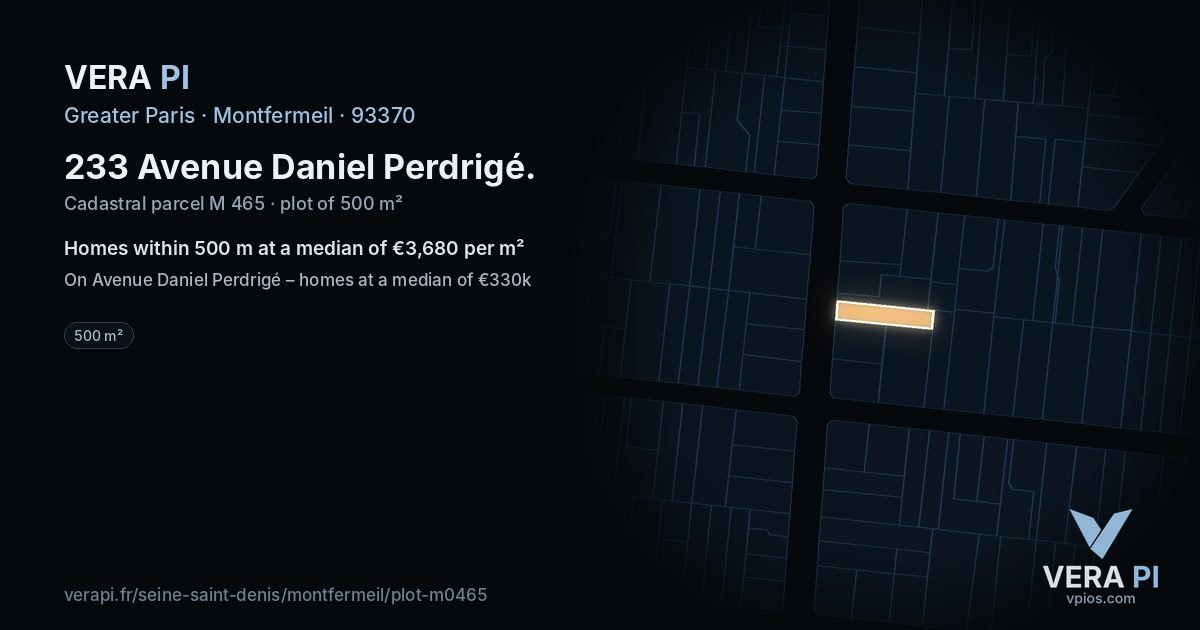 233 Avenue Daniel Perdrigé, Montfermeil at night – the plot lit, the parcels around coloured by the prices near them