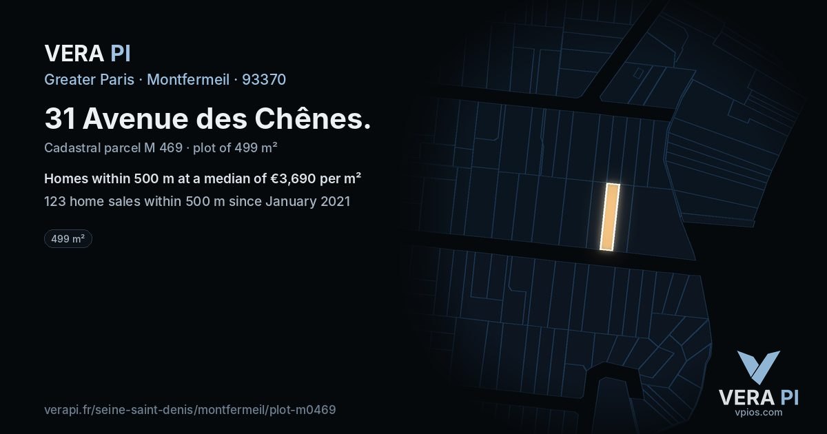 31 Avenue des Chênes, Montfermeil at night – the plot lit, the parcels around coloured by the prices near them