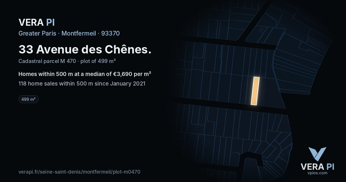 33 Avenue des Chênes, Montfermeil at night – the plot lit, the parcels around coloured by the prices near them