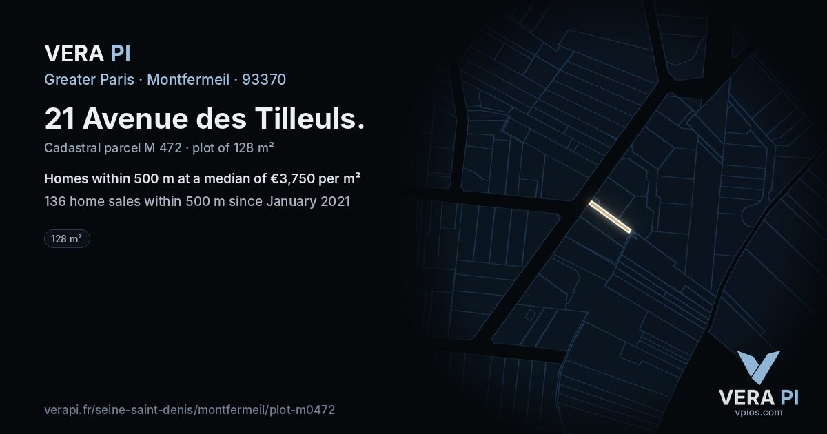 21 Avenue des Tilleuls, Montfermeil at night – the plot lit, the parcels around coloured by the prices near them