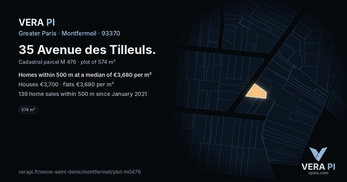 35 Avenue des Tilleuls, Montfermeil at night – the plot lit, the parcels around coloured by the prices near them