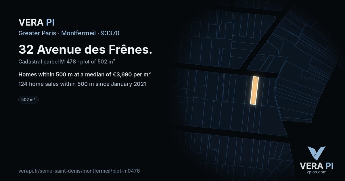 32 Avenue des Frênes, Montfermeil at night – the plot lit, the parcels around coloured by the prices near them