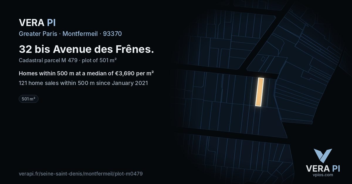 32 bis Avenue des Frênes, Montfermeil at night – the plot lit, the parcels around coloured by the prices near them