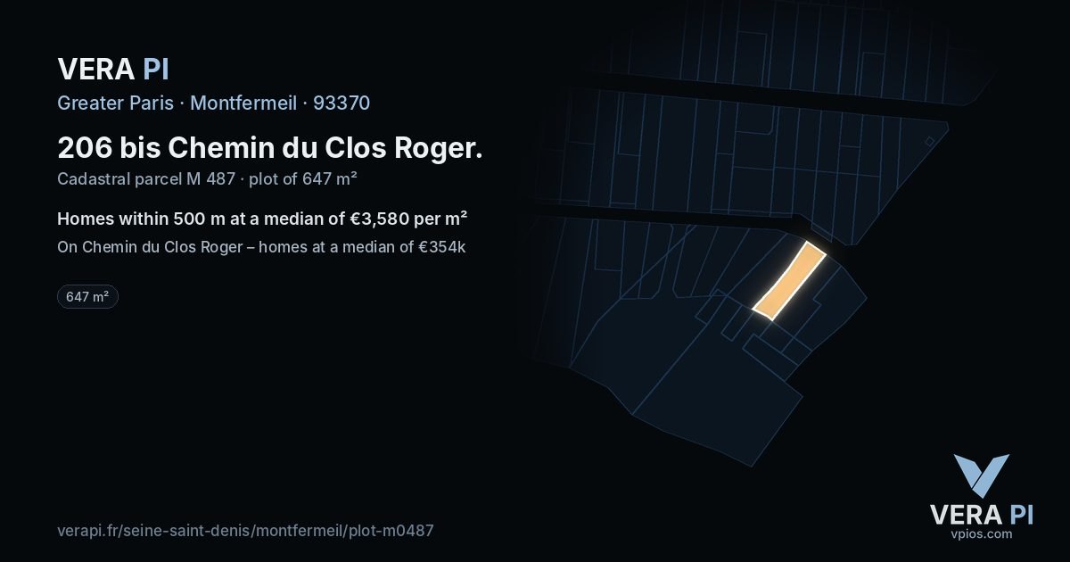 206 bis Chemin du Clos Roger, Montfermeil at night – the plot lit, the parcels around coloured by the prices near them