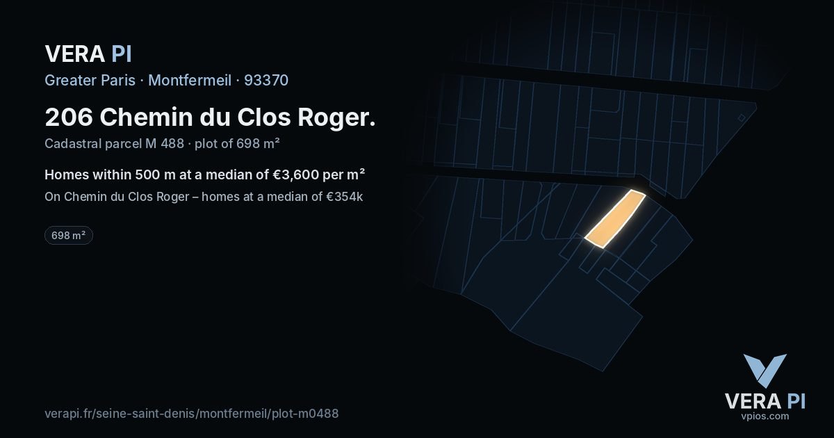 206 Chemin du Clos Roger, Montfermeil at night – the plot lit, the parcels around coloured by the prices near them