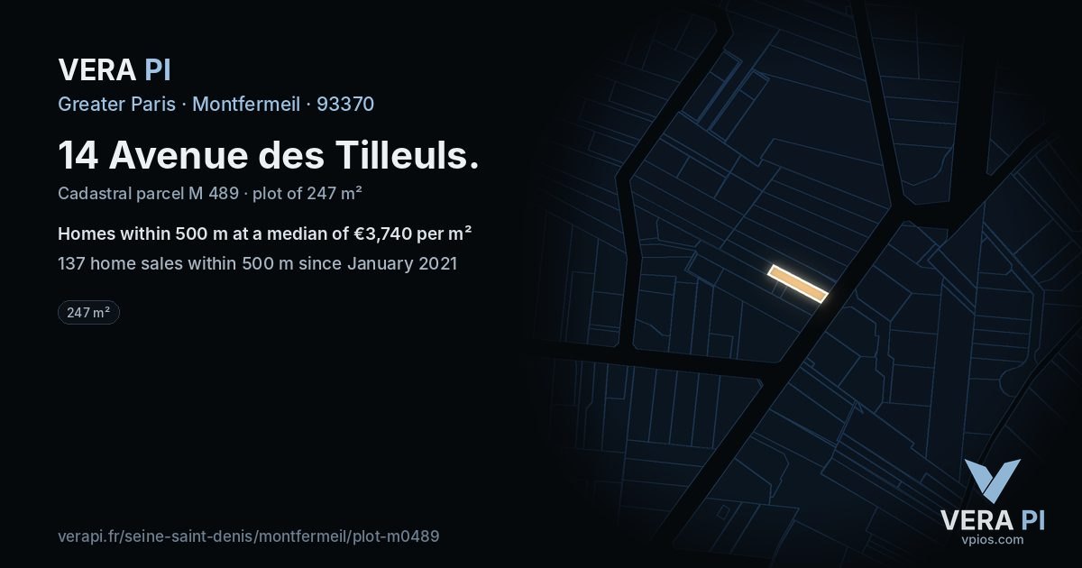 14 Avenue des Tilleuls, Montfermeil at night – the plot lit, the parcels around coloured by the prices near them