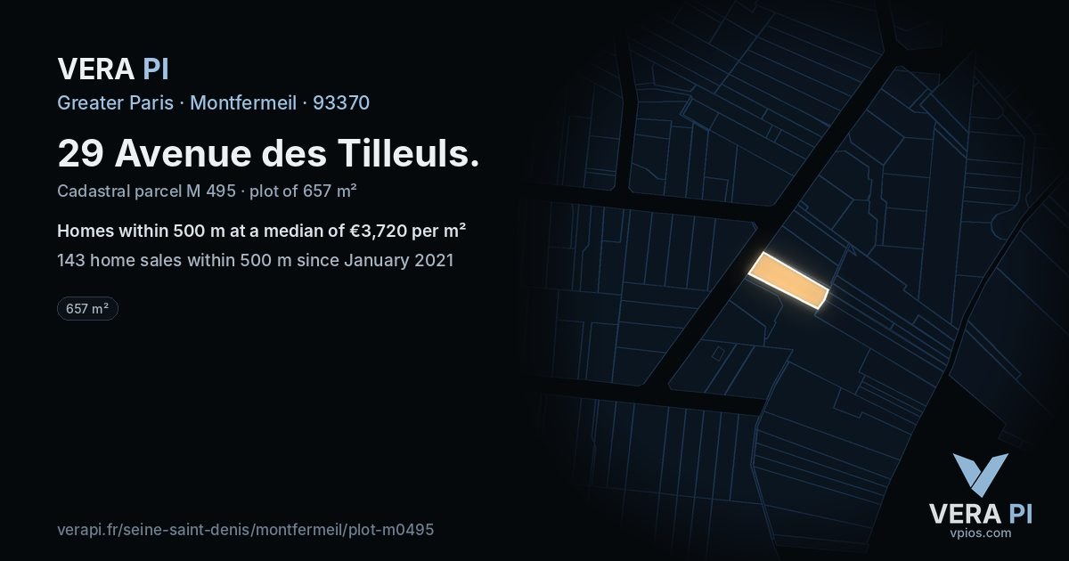 29 Avenue des Tilleuls, Montfermeil at night – the plot lit, the parcels around coloured by the prices near them