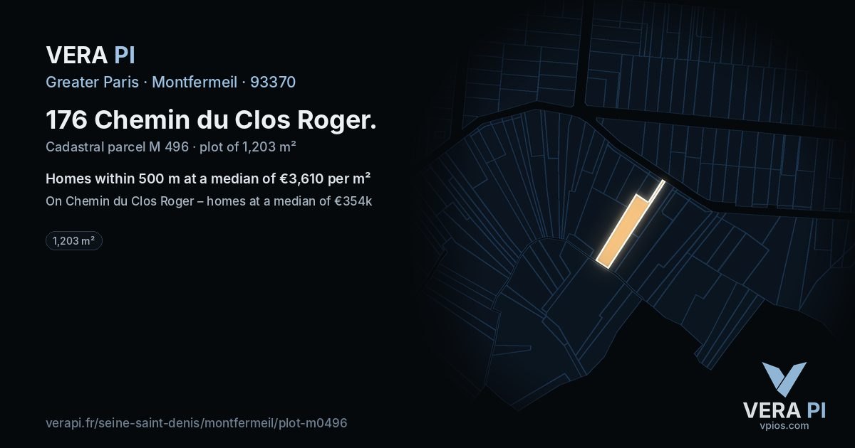 176 Chemin du Clos Roger, Montfermeil at night – the plot lit, the parcels around coloured by the prices near them