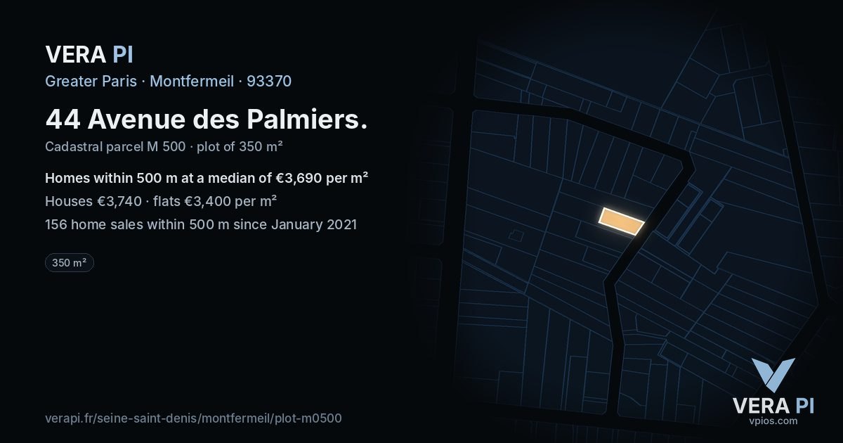 44 Avenue des Palmiers, Montfermeil at night – the plot lit, the parcels around coloured by the prices near them