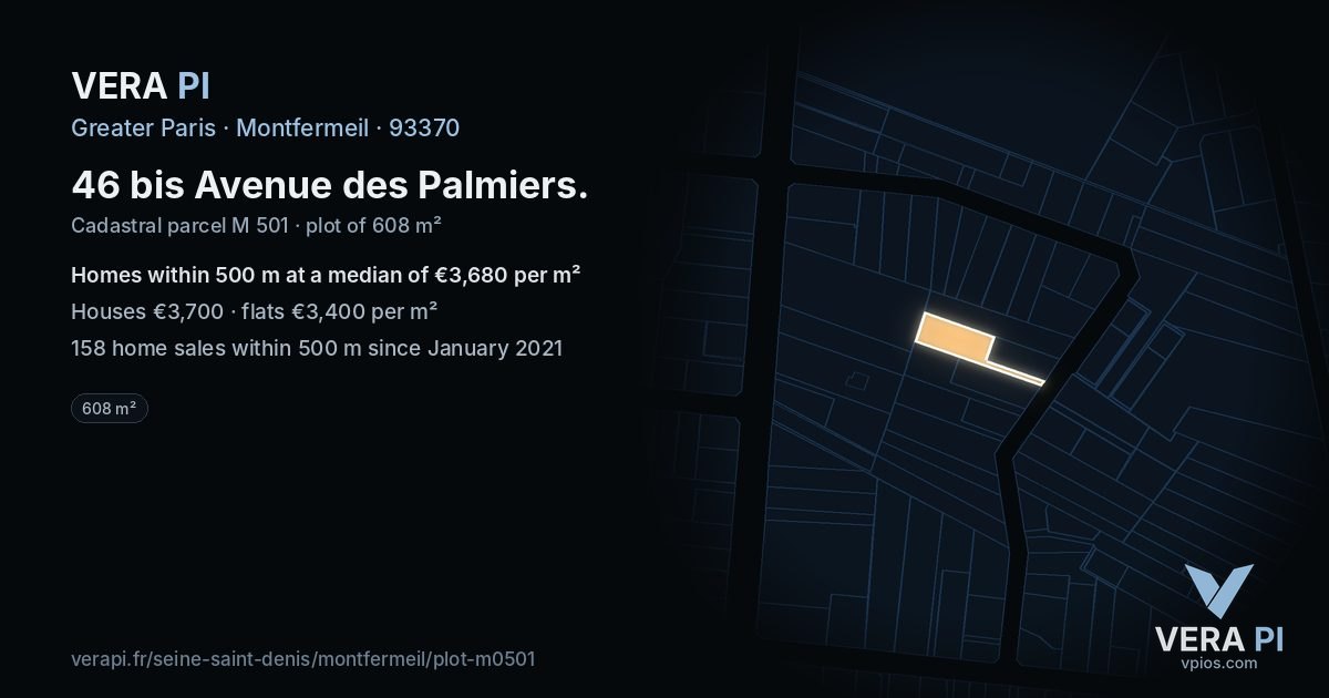 46 bis Avenue des Palmiers, Montfermeil at night – the plot lit, the parcels around coloured by the prices near them