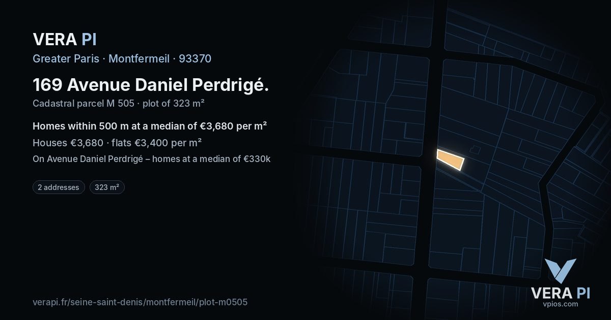 169 Avenue Daniel Perdrigé, Montfermeil at night – the plot lit, the parcels around coloured by the prices near them
