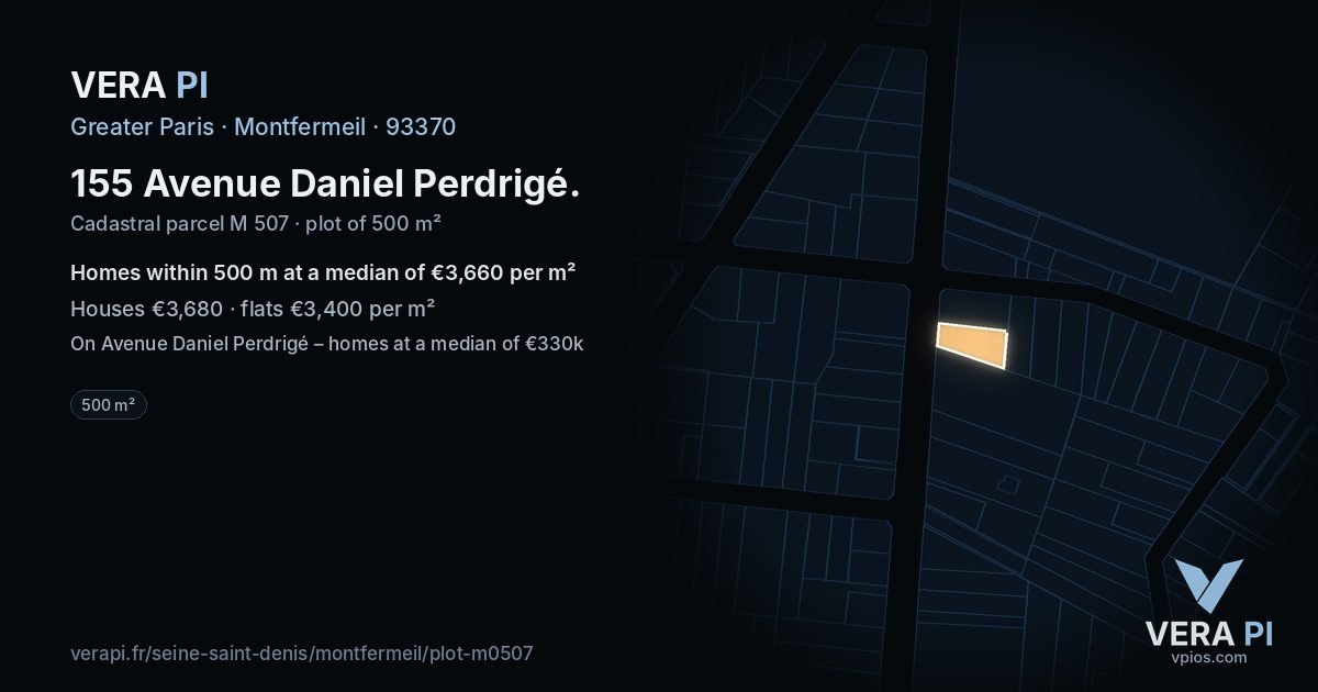 155 Avenue Daniel Perdrigé, Montfermeil at night – the plot lit, the parcels around coloured by the prices near them