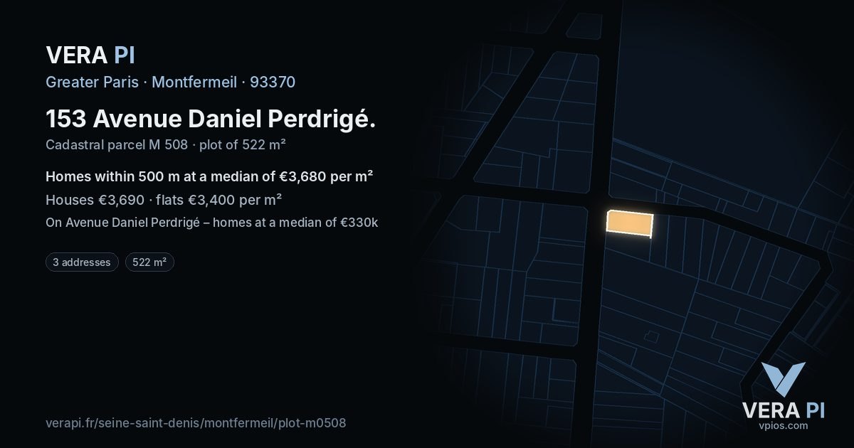 153 Avenue Daniel Perdrigé, Montfermeil at night – the plot lit, the parcels around coloured by the prices near them