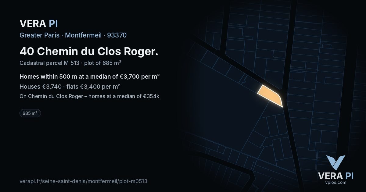 40 Chemin du Clos Roger, Montfermeil at night – the plot lit, the parcels around coloured by the prices near them