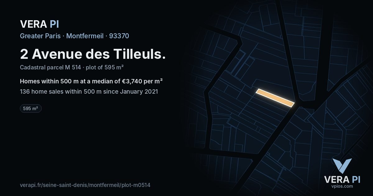 2 Avenue des Tilleuls, Montfermeil at night – the plot lit, the parcels around coloured by the prices near them