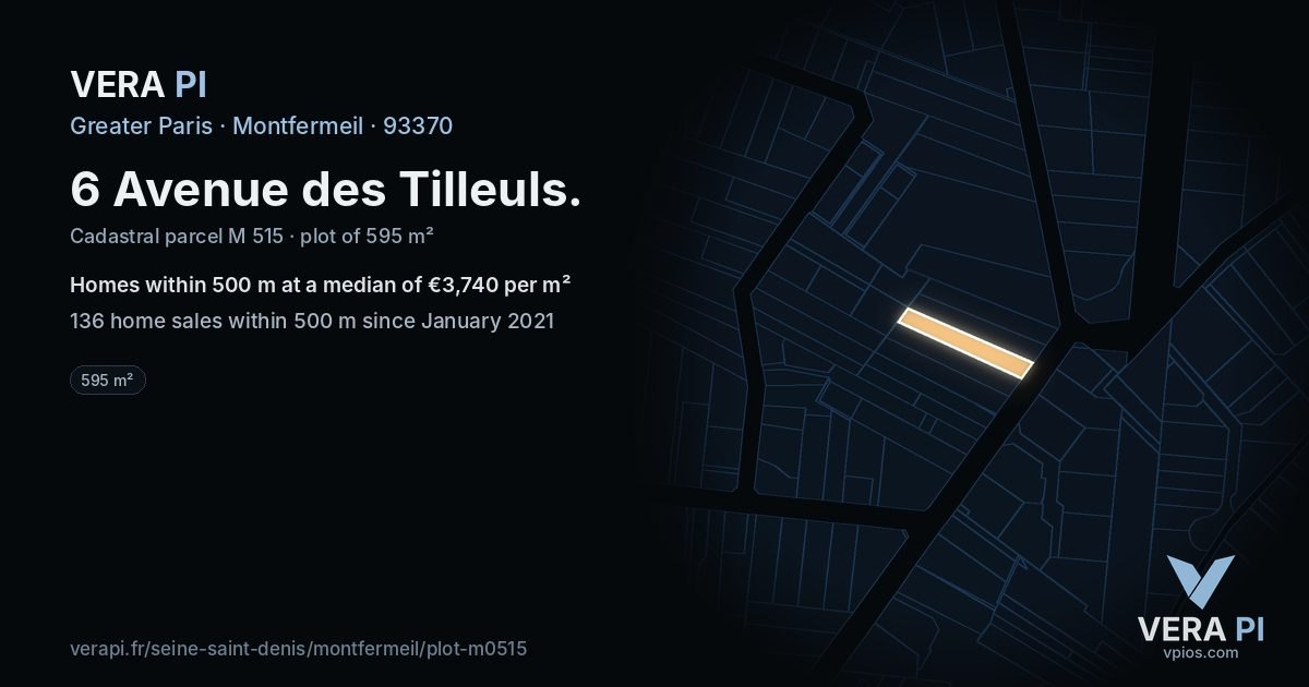 6 Avenue des Tilleuls, Montfermeil at night – the plot lit, the parcels around coloured by the prices near them