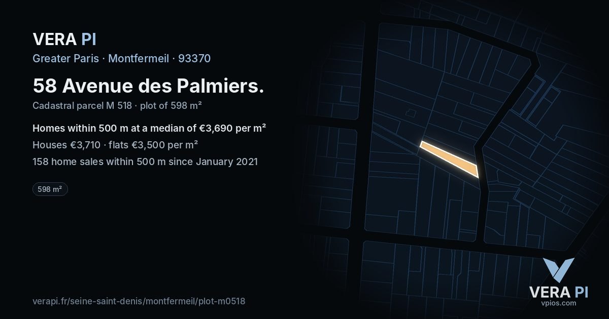 58 Avenue des Palmiers, Montfermeil at night – the plot lit, the parcels around coloured by the prices near them