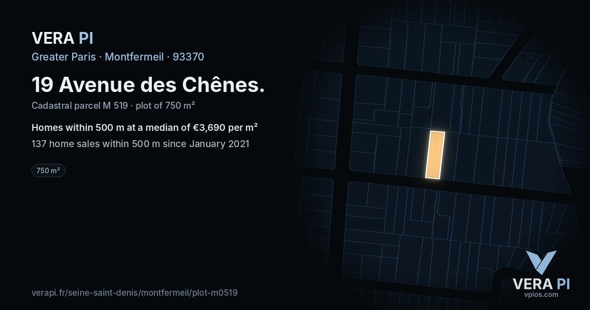 19 Avenue des Chênes, Montfermeil at night – the plot lit, the parcels around coloured by the prices near them