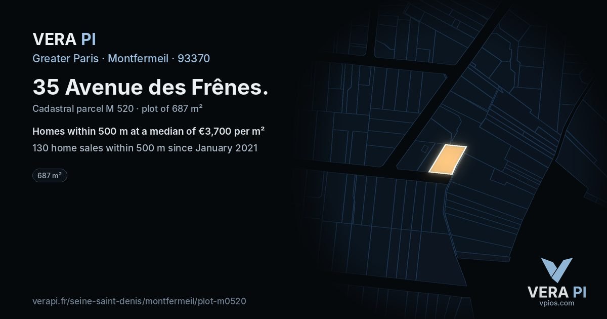 35 Avenue des Frênes, Montfermeil at night – the plot lit, the parcels around coloured by the prices near them