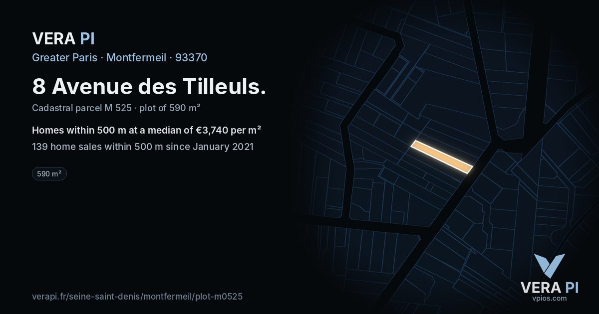 8 Avenue des Tilleuls, Montfermeil at night – the plot lit, the parcels around coloured by the prices near them