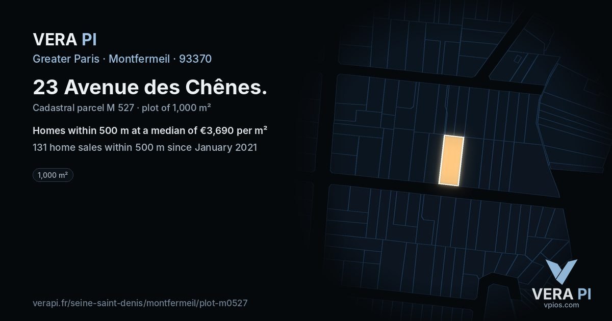 23 Avenue des Chênes, Montfermeil at night – the plot lit, the parcels around coloured by the prices near them