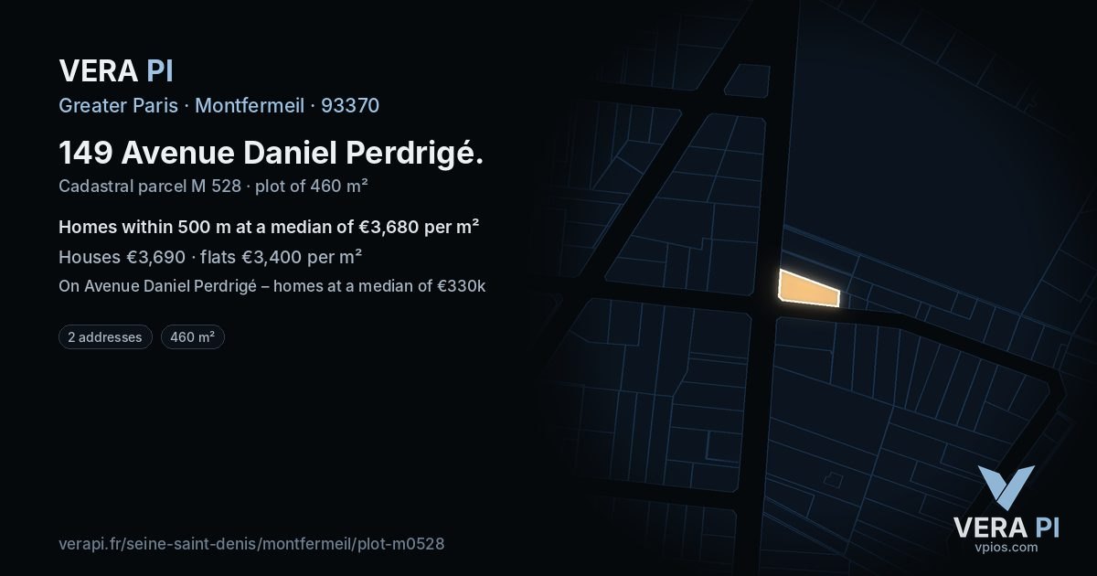 149 Avenue Daniel Perdrigé, Montfermeil at night – the plot lit, the parcels around coloured by the prices near them