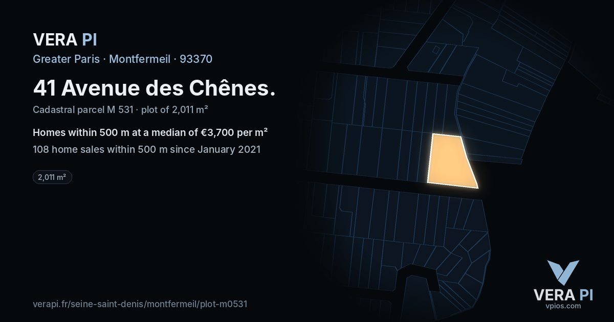 41 Avenue des Chênes, Montfermeil at night – the plot lit, the parcels around coloured by the prices near them