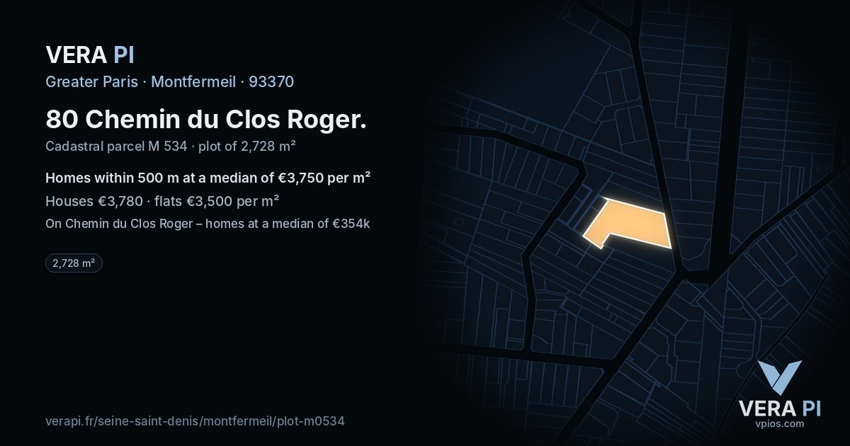 80 Chemin du Clos Roger, Montfermeil at night – the plot lit, the parcels around coloured by the prices near them