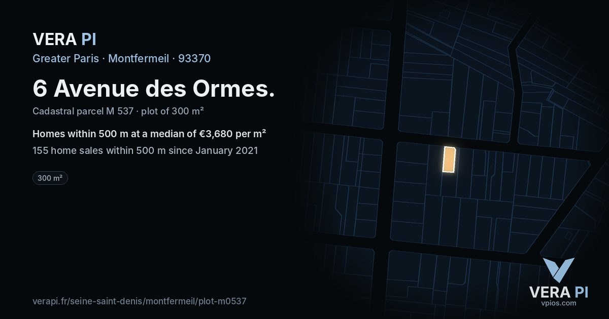 6 Avenue des Ormes, Montfermeil at night – the plot lit, the parcels around coloured by the prices near them