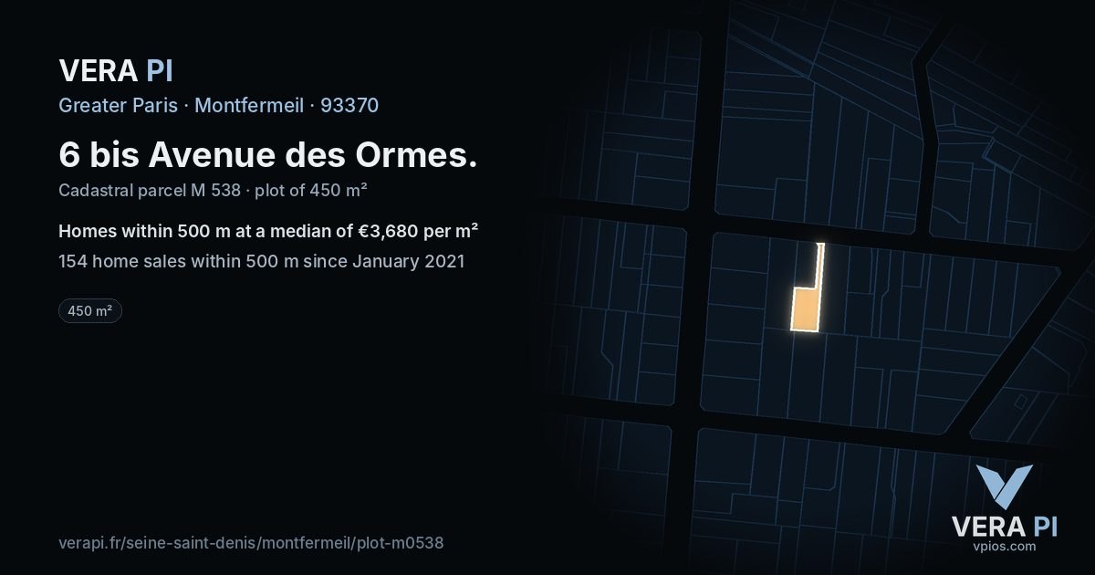 6 bis Avenue des Ormes, Montfermeil at night – the plot lit, the parcels around coloured by the prices near them