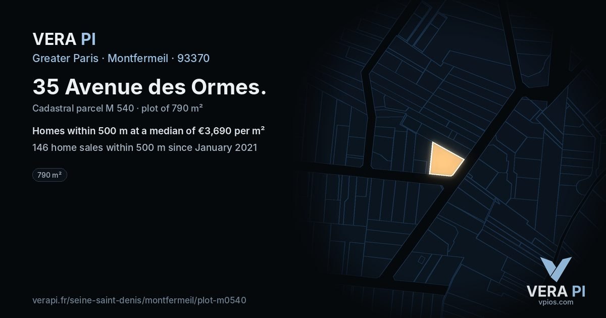 35 Avenue des Ormes, Montfermeil at night – the plot lit, the parcels around coloured by the prices near them